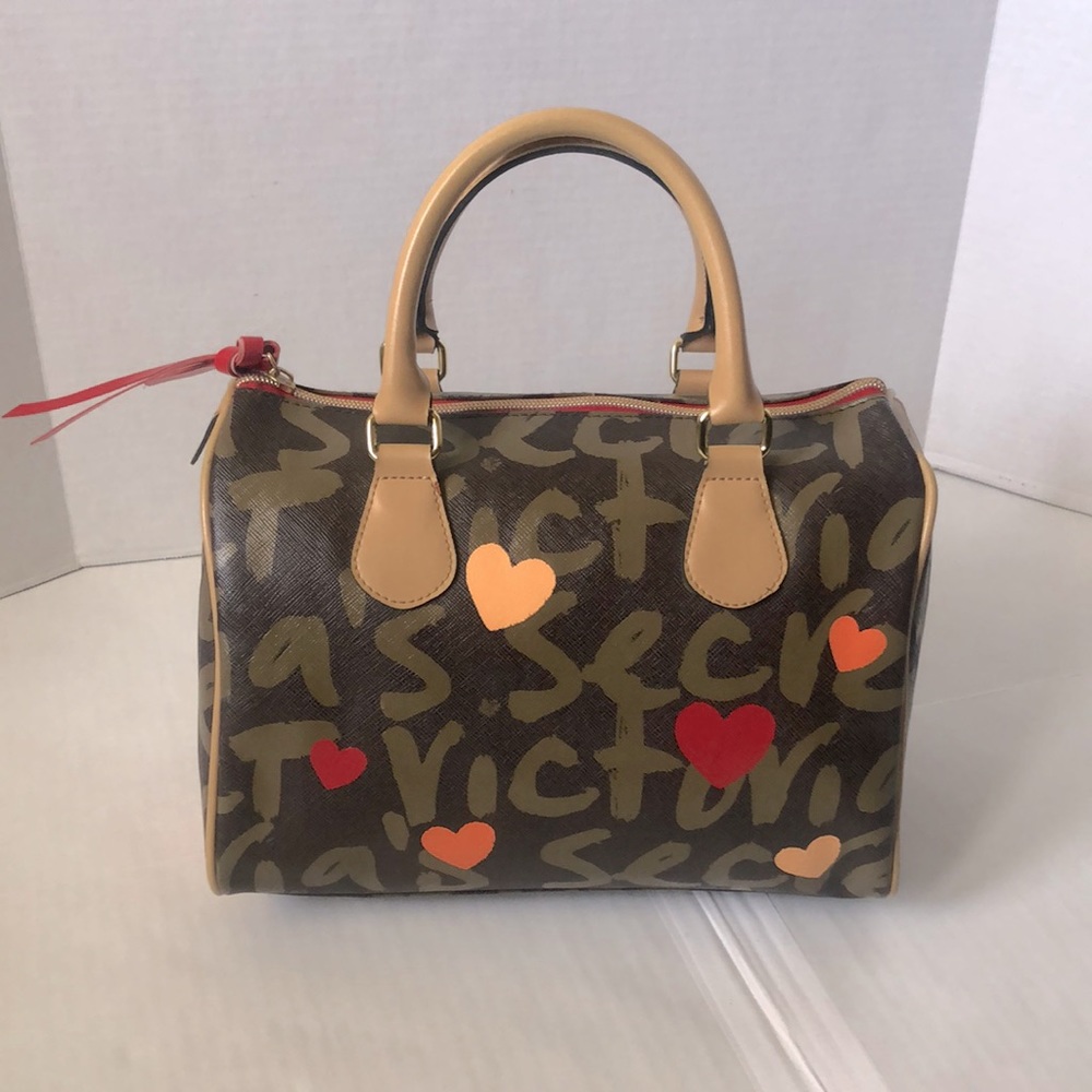 Victoria's Secret Brown Graffiti Heart Satchel with Red and Orange Accents